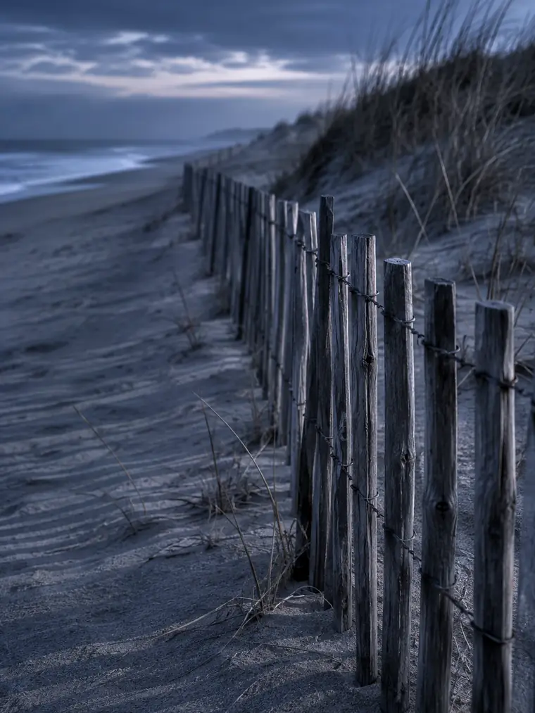 Ganivelles de bois le long de la dune au crépuscule — Cavalaire-sur-Mer, Var 83