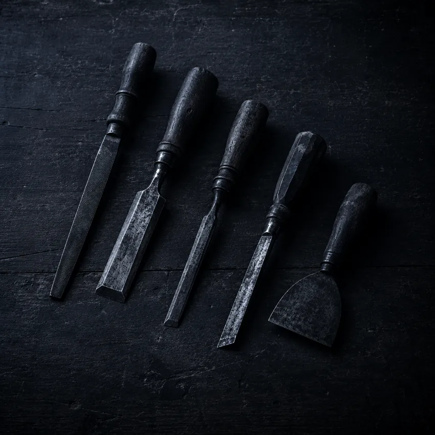 Outils à main d'artisan posés sur un établi sombre — Cogolin, Var 83