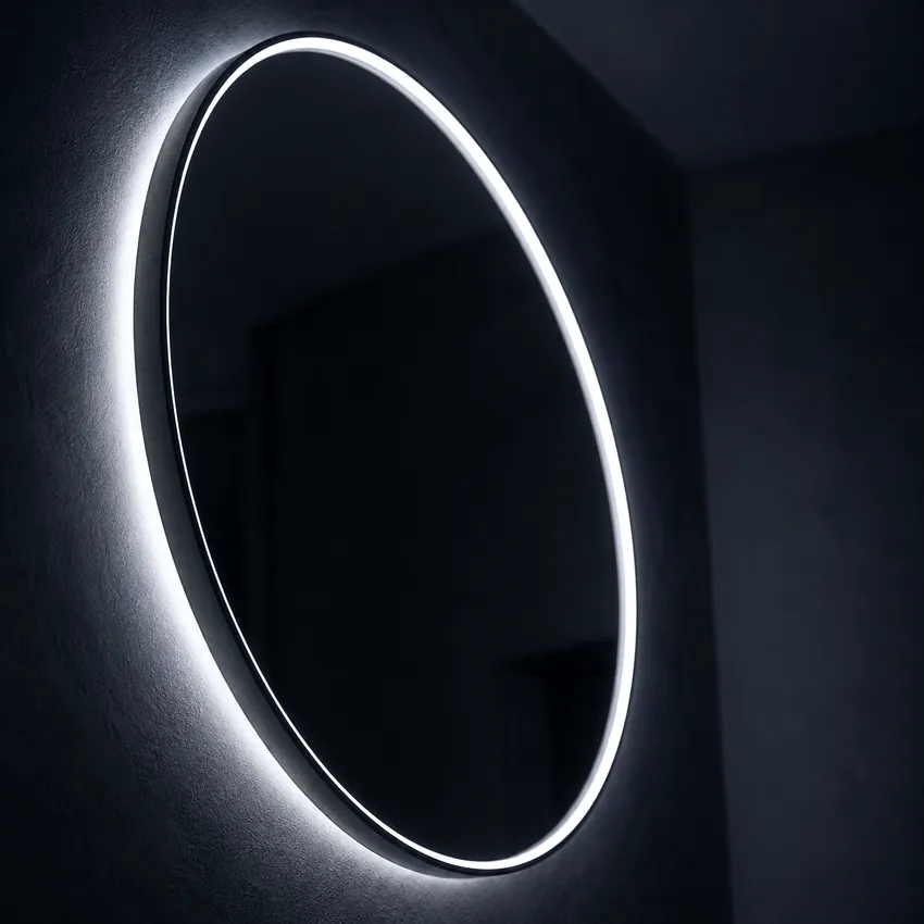 Miroir rond rétroéclairé dans la pénombre d'un salon — coiffure, Var 83