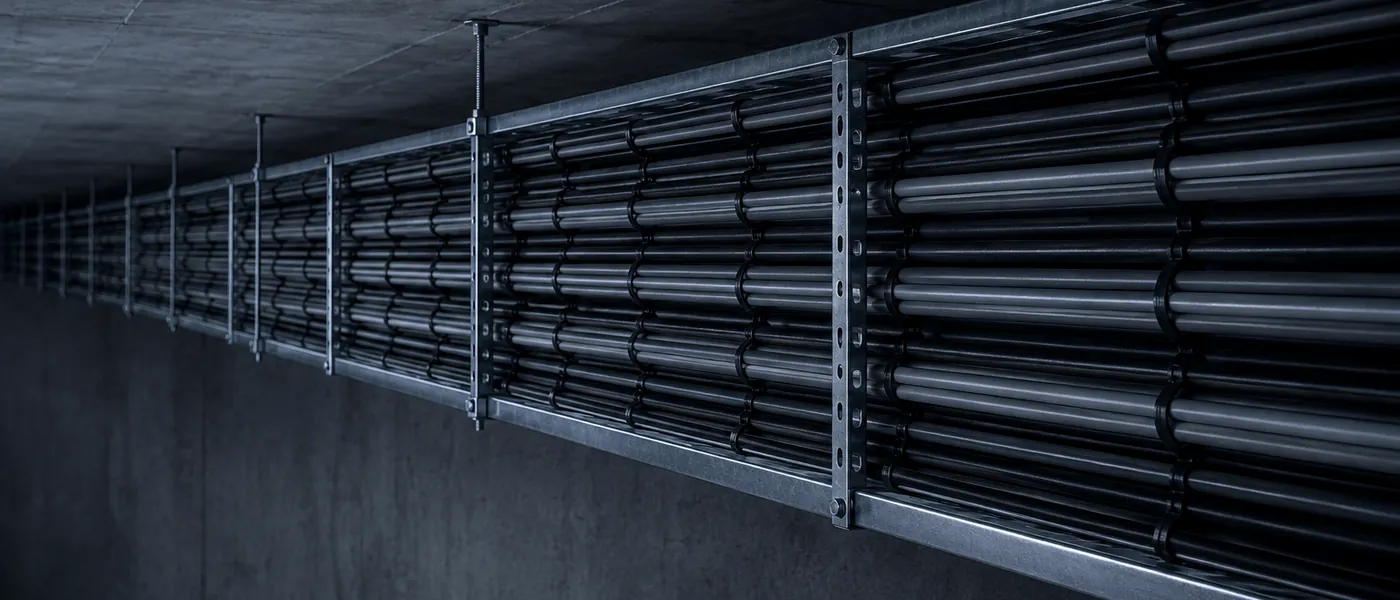 Chemin de câbles aligné sous dalle béton, conduits parallèles — installation électrique Var 83