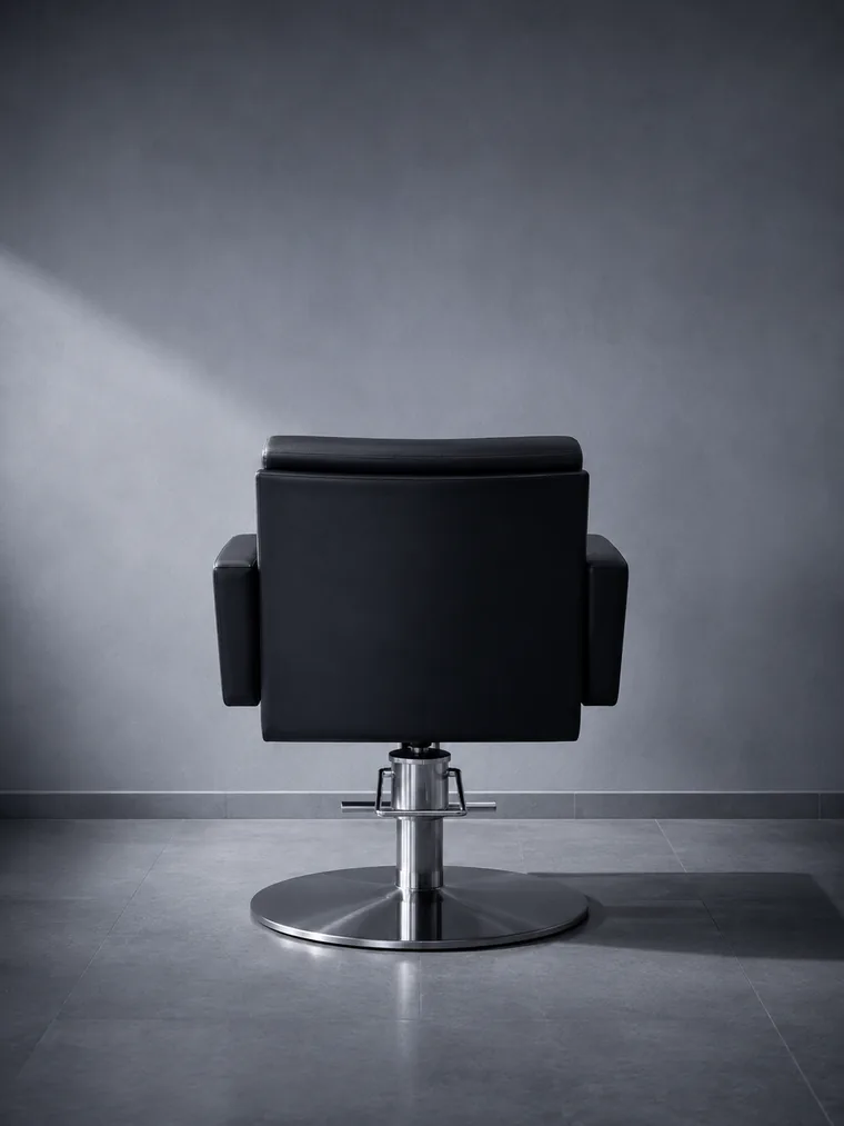 Fauteuil de coiffeur seul, vu de dos, dans un salon vide