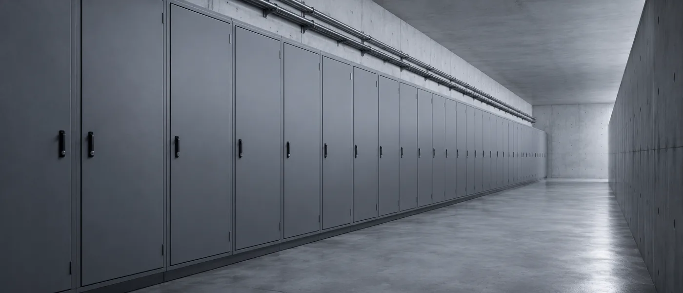 Couloir de local technique bordé d'armoires électriques identiques