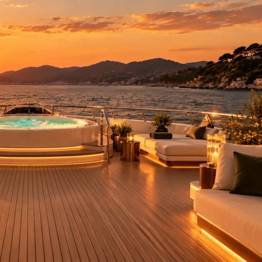 Le pont supérieur d'un yacht et son jacuzzi face au coucher du soleil