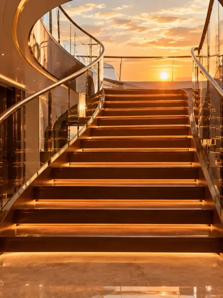 Escalier intérieur d'un yacht, bois et laiton dans la lumière du soir