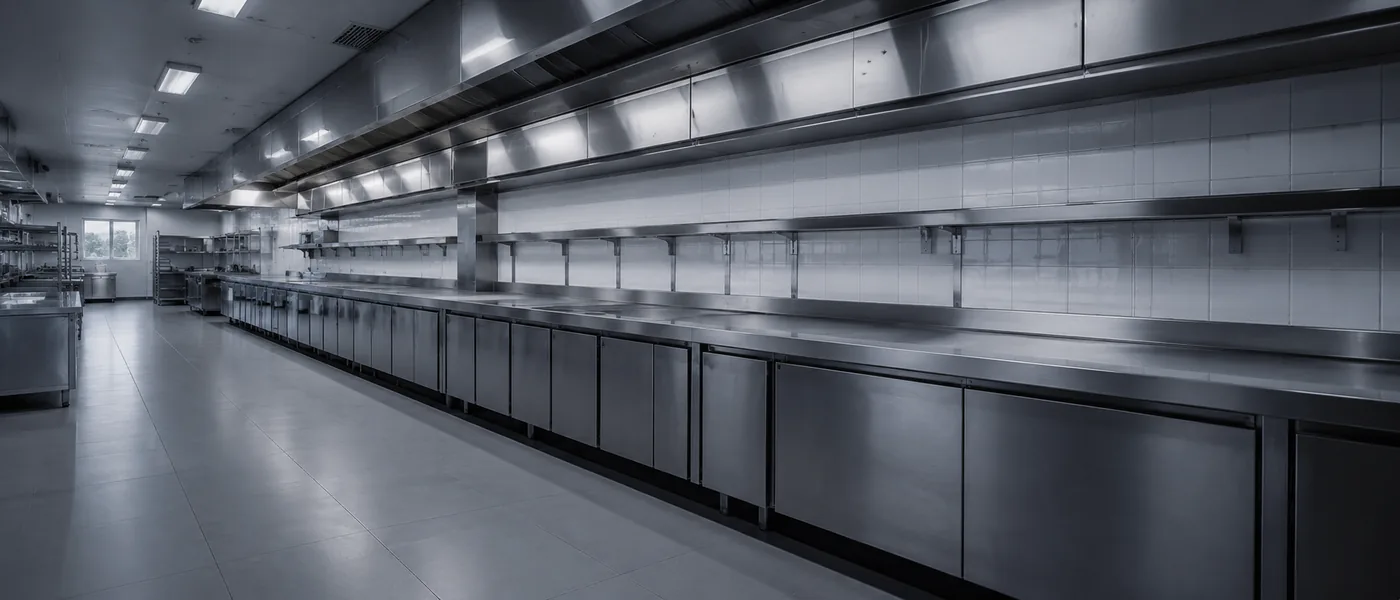 Ligne de cuisine professionnelle en inox, vide et éteinte