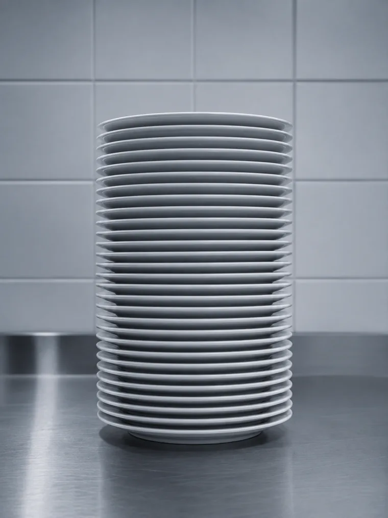 Pile d'assiettes blanches sur un plan de travail inox, avant le service