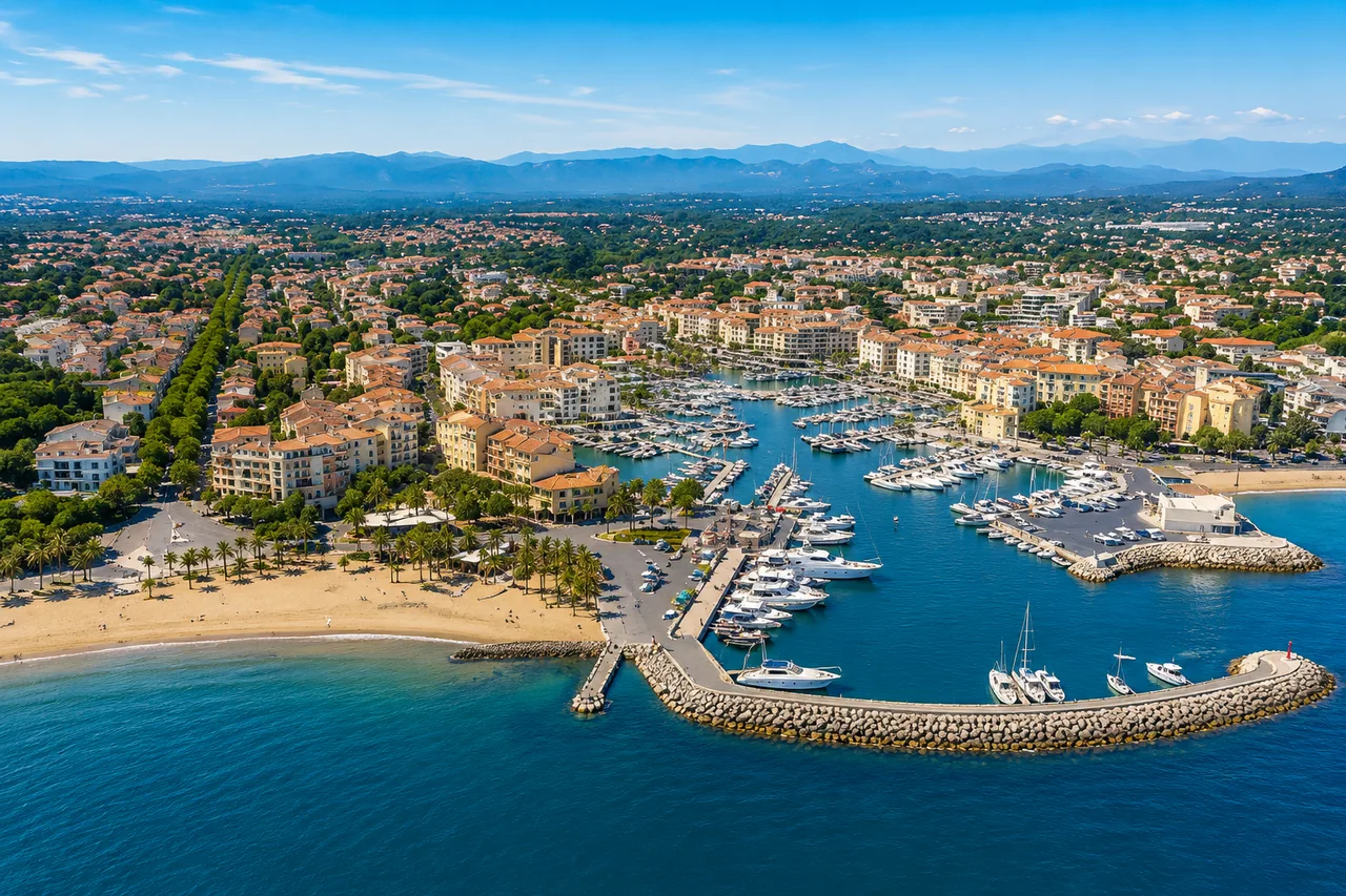 Vue panoramique de Fréjus — amphithéâtre romain, port et Var 83