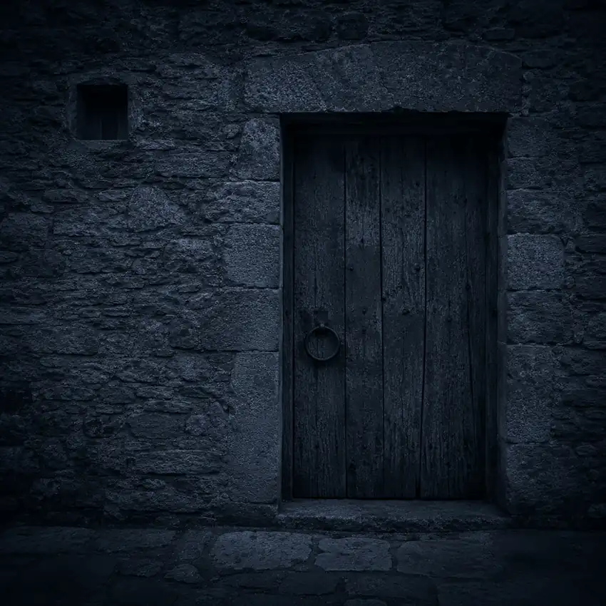 Porte ancienne en bois dans un mur de pierre — village de Grimaud, Var 83