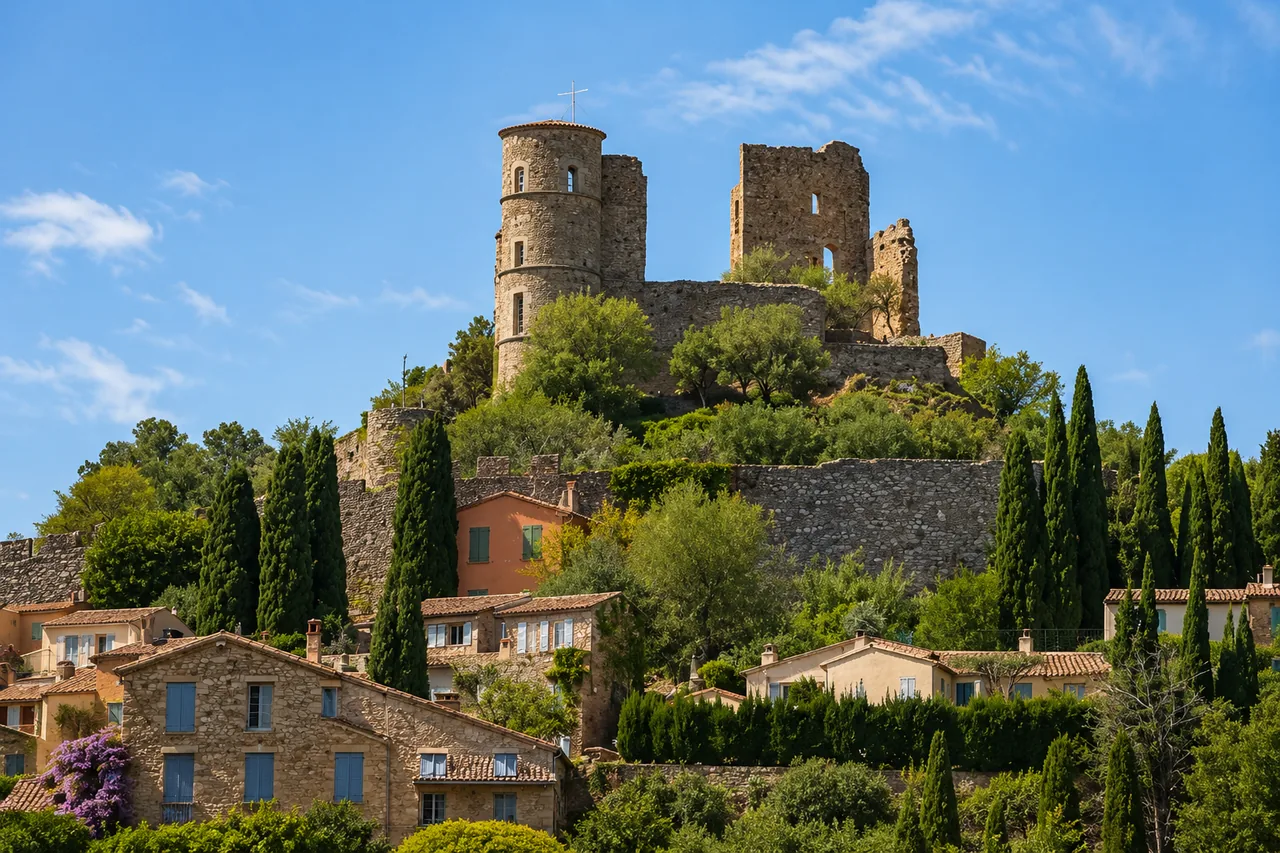 Vue panoramique de Grimaud — village médiéval et Golfe de Saint-Tropez, Var 83