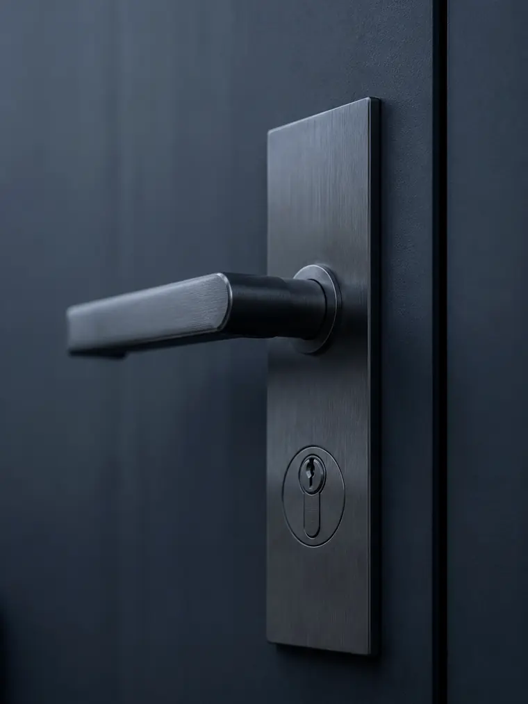Poignée et plaque de serrure en métal brossé sur une porte sombre — immobilier de prestige, Var 83