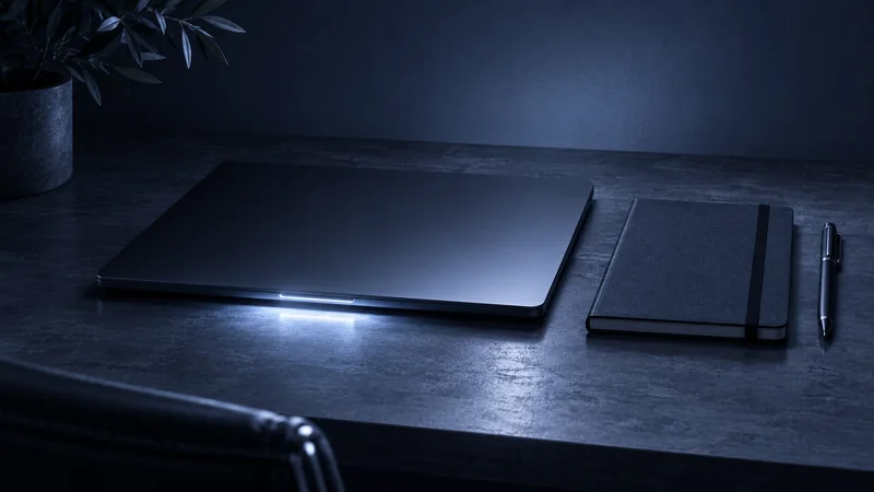 Bureau sombre éclairé par la lueur froide d'un ordinateur portable fermé, carnet et stylo