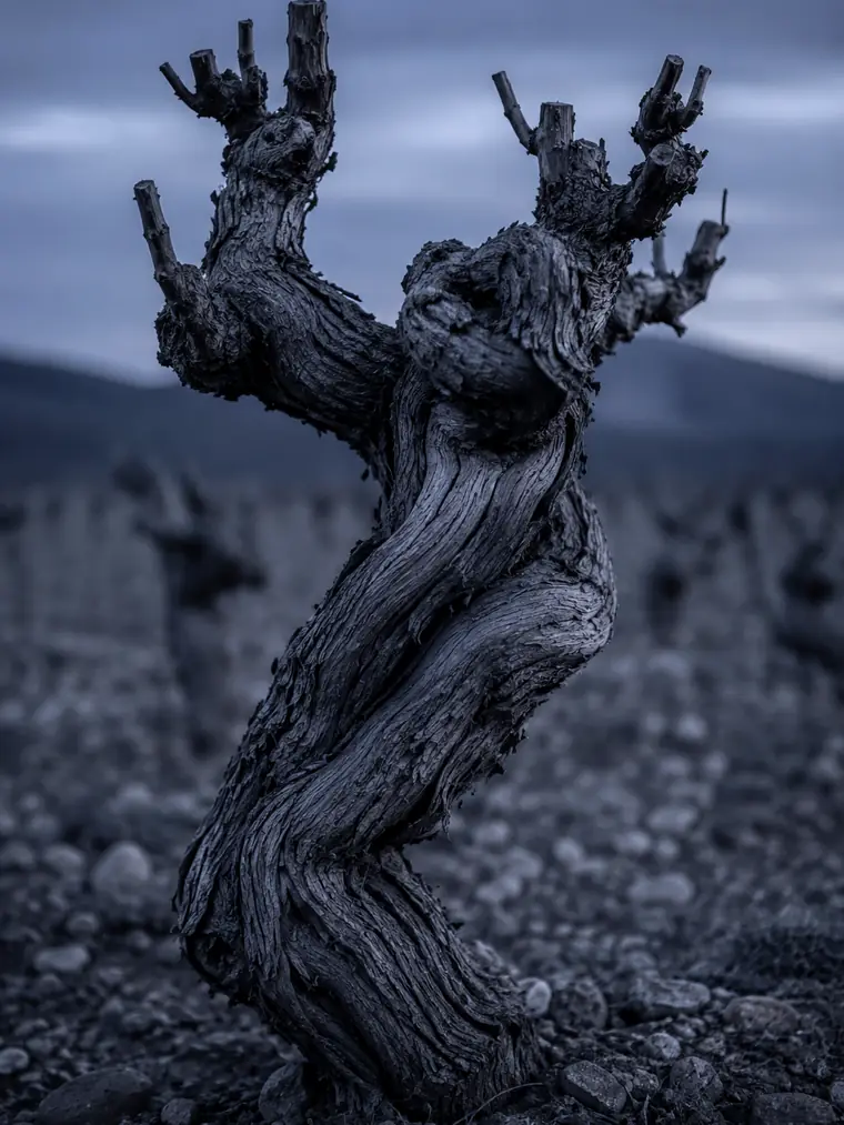 Vieux cep de vigne taillé sur sol caillouteux, vignoble AOC — Ramatuelle, Var 83