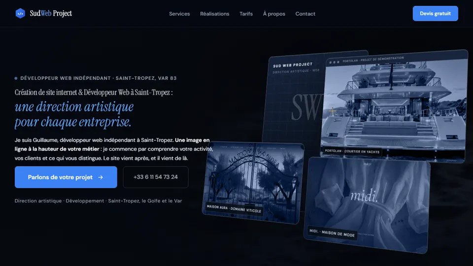Page d'accueil actuelle de Sud Web Project : titre sur la direction artistique et scène des projets en bleu nuit