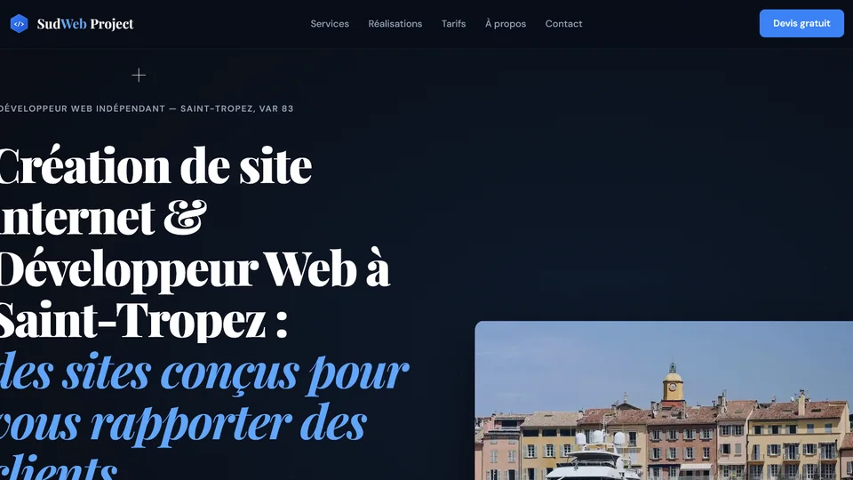 Ancienne page d'accueil de Sud Web Project, titre surdimensionné et photo en couleurs chaudes