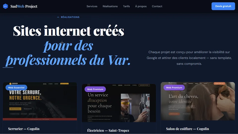 Ancienne section réalisations de Sud Web Project, vignettes et étiquettes colorées