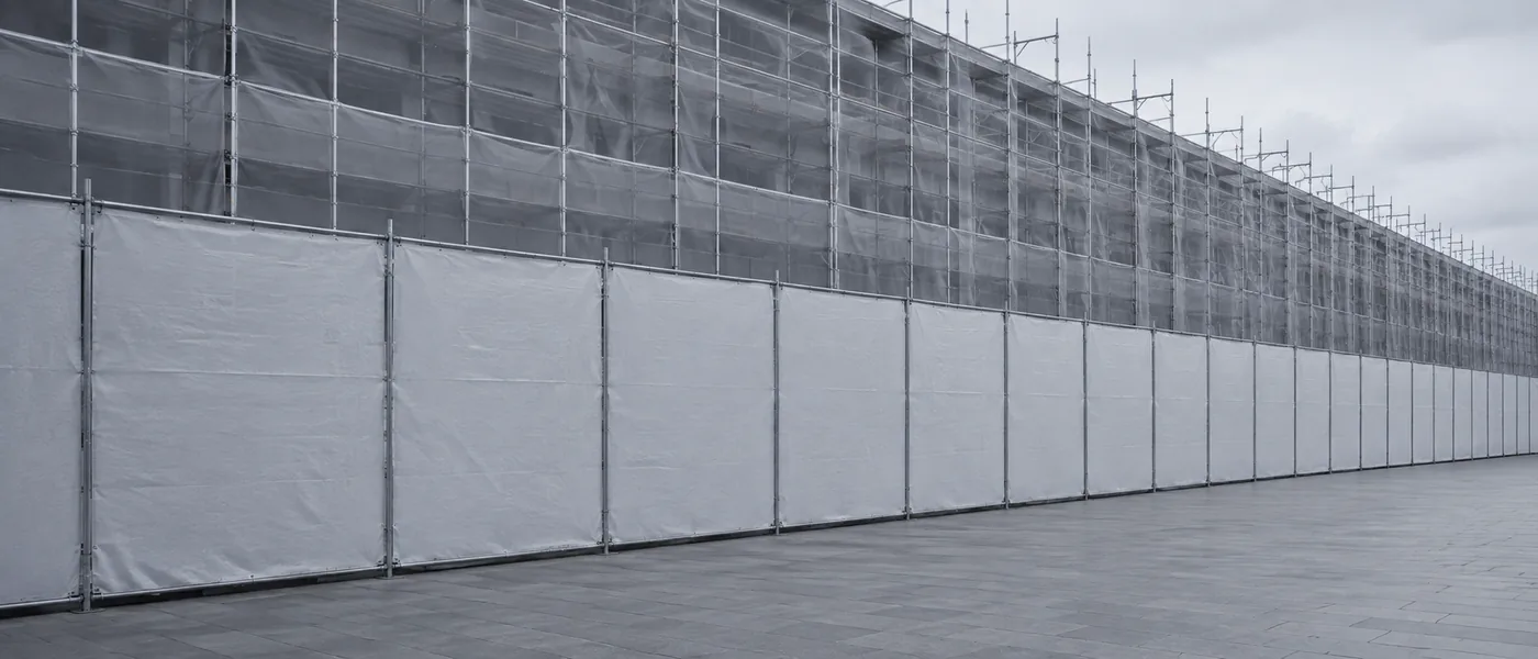 Palissade de chantier et échafaudage longeant un bâtiment en cours de reprise