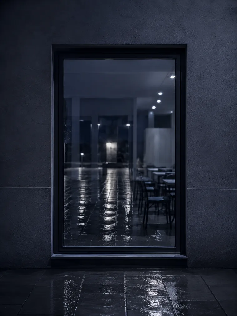 Vitrine de restaurant éclairée la nuit à Sainte-Maxime, salle visible derrière le reflet