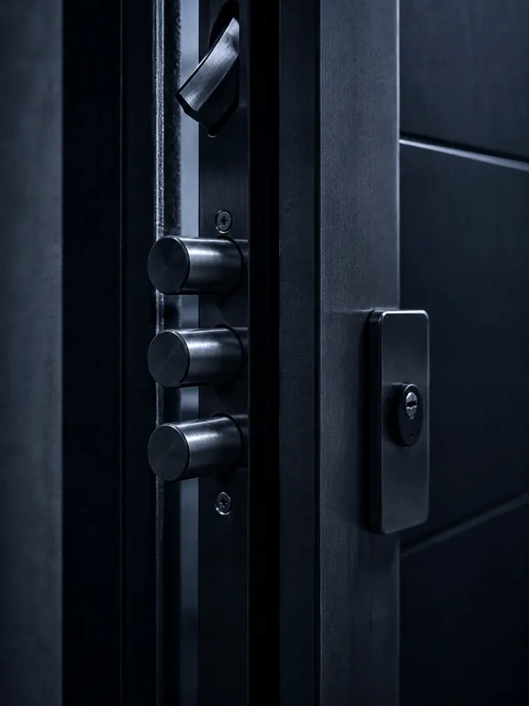 Pênes en acier d'une serrure multipoints sur porte blindée — serrurerie Var 83