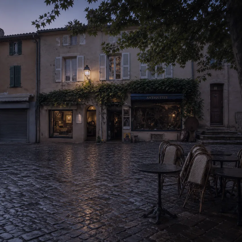 Place de village déserte à l'aube — pavés humides, Saint-Tropez Var 83