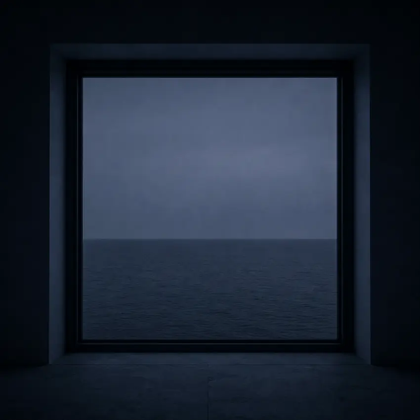 Baie vitrée cadrant l'horizon du Golfe depuis une pièce sombre — Sainte-Maxime, Var 83